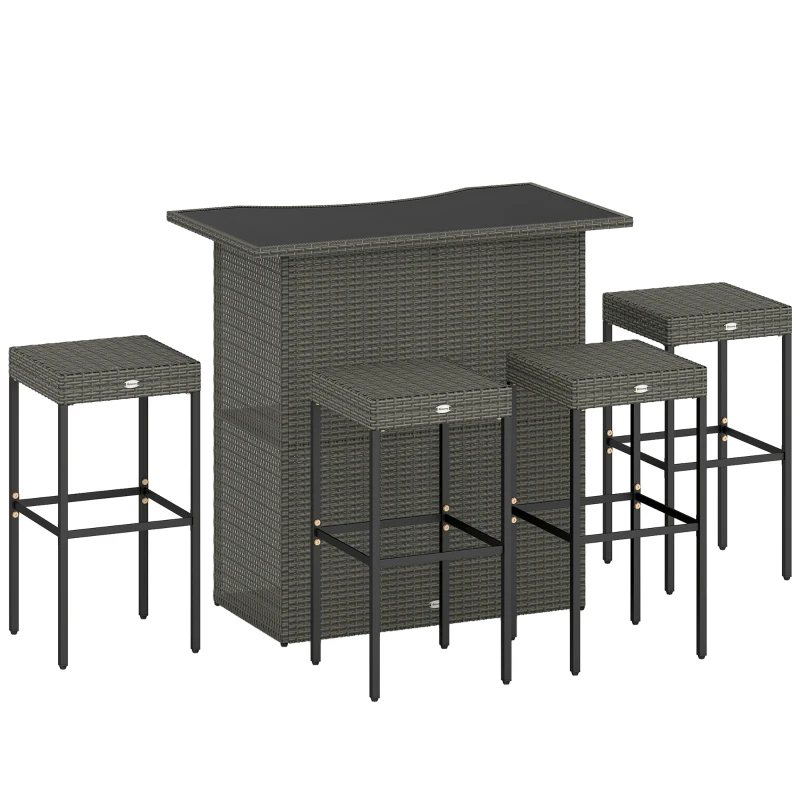 Outsunny 5 Piece Rattan Wicker Bar Set, High Top Outdoor Table and Chairs, Bar Height Patio Set, 2 Shelves & 4 Bar Stools, Gray