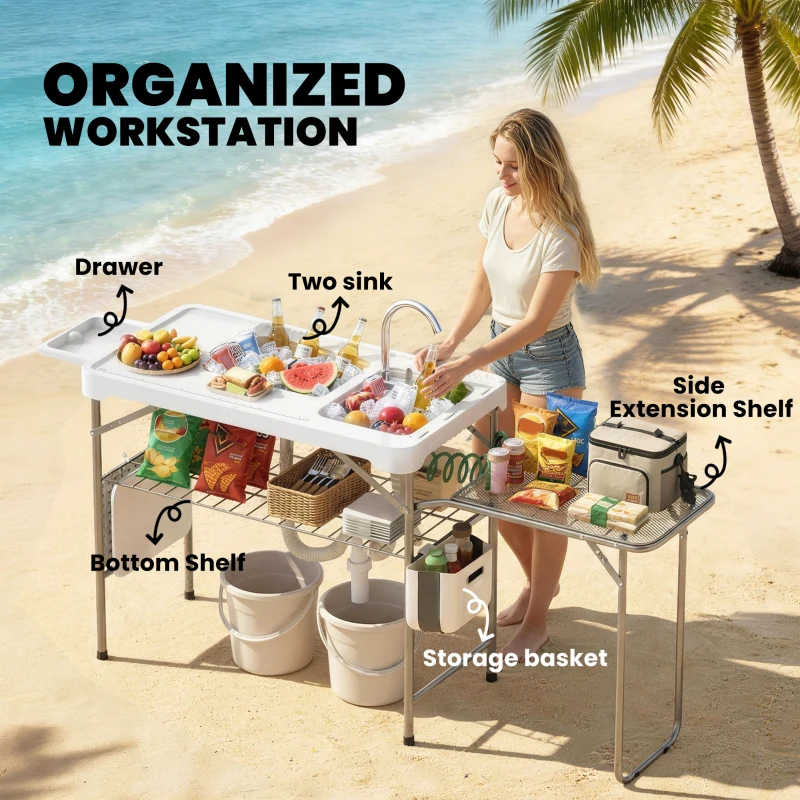 Outsunny Fish Cleaning Table Folding Sink Portable Camping Sink with Side Shelf & Bottom Rack for Outdoor White