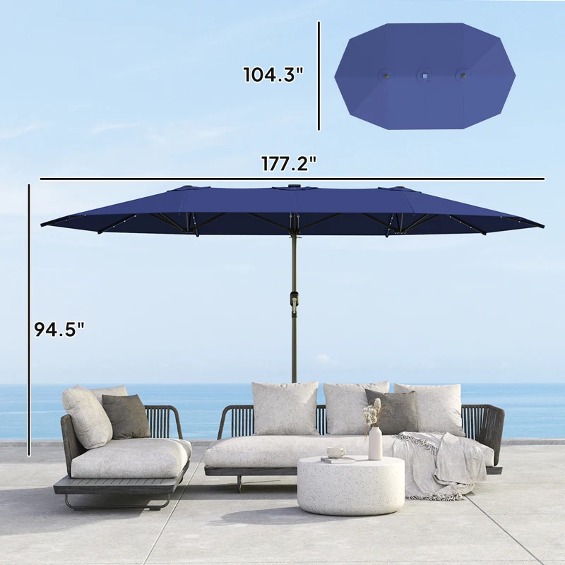 Outsunny Garden Parasol, Double-Sided Sun Umbrella with LED Solar Lights, Patio Parasol for Outdoor, Navy Blue
