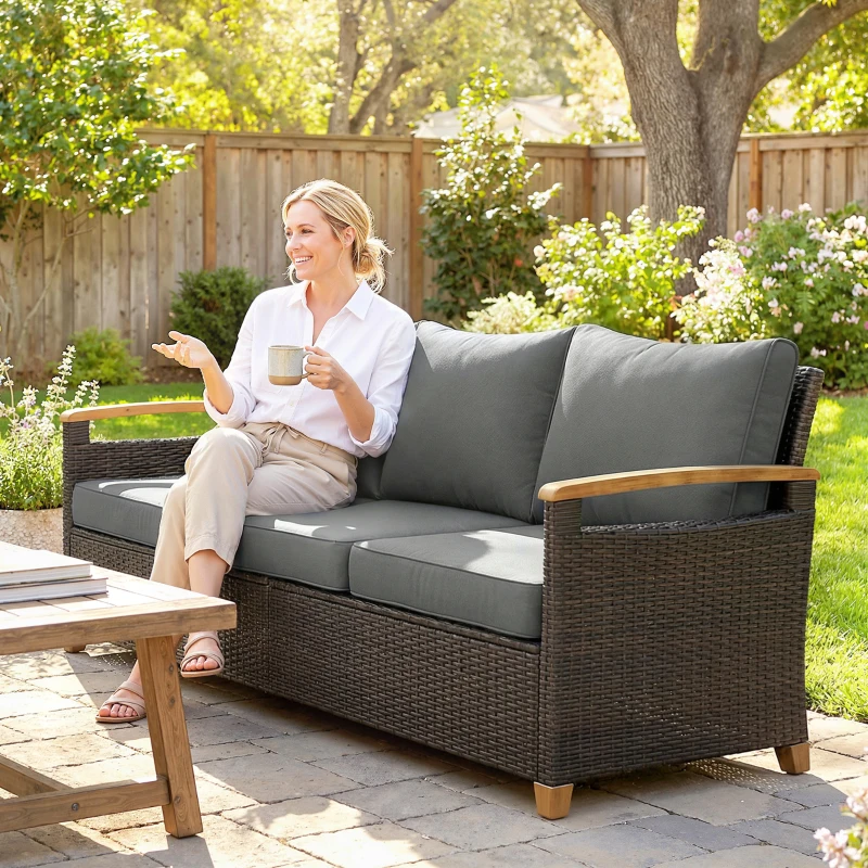 Outsunny 3 Seater Outdoor Couch Sofa, PE Wicker Patio Sofa, Wide Deep Seat, 4" Cushions, Wood-Effect Armrests Legs, Gray