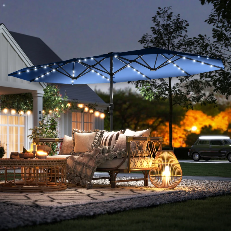 Outsunny Garden Parasol, Double-Sided Sun Umbrella with LED Solar Lights, Patio Parasol for Outdoor, Blue