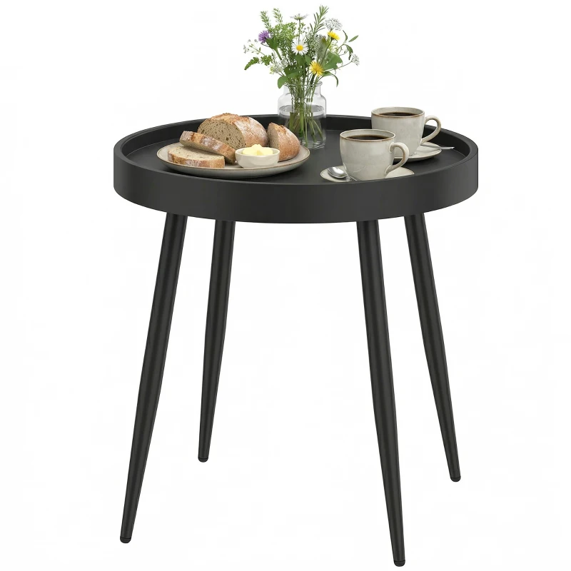 Outsunny 19.5" Round Patio Table, Small Outdoor Patio Coffee Side End Table with Plastic Tray-Style Top, Metal Legs, Black