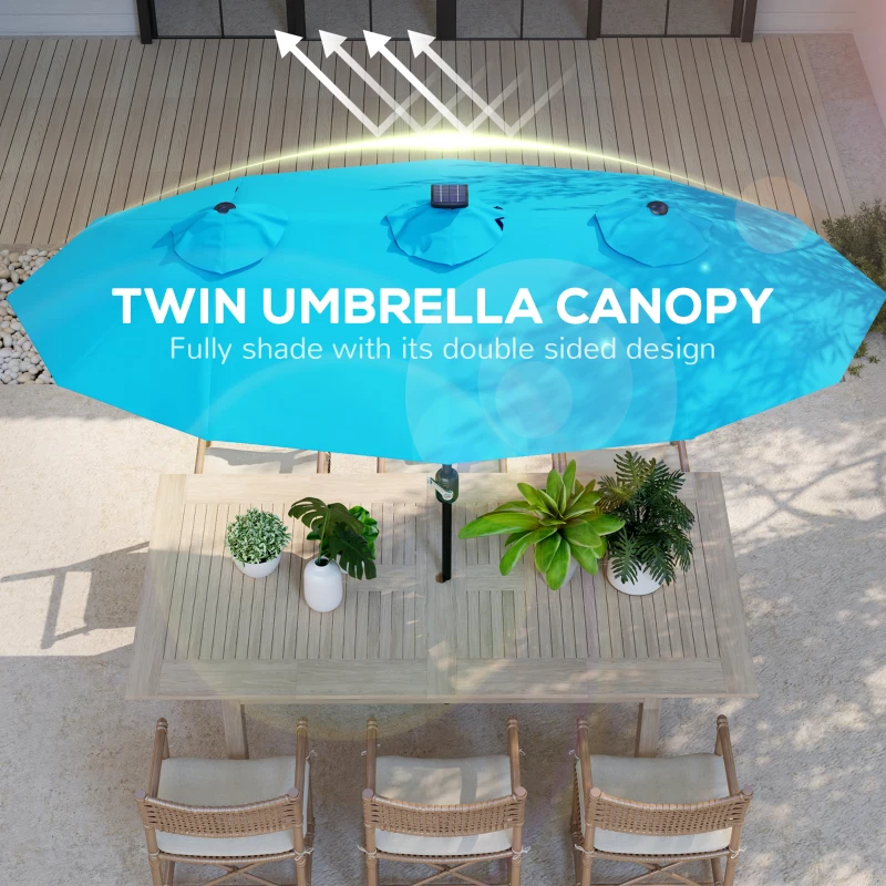 Outsunny Double-sided Patio Umbrella, 9.7' Outdoor Umbrella with Tilt and Crank, LED Solar Light and 12 Ribs, Light Blue