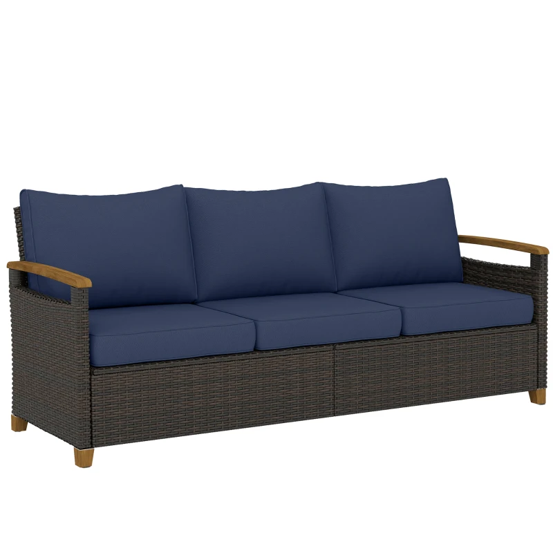 Outsunny 3 Seater Outdoor Couch Sofa, PE Wicker Patio Sofa, Wide Deep Seat, 4" Cushions, Wood-Effect Armrests Legs, Dark Blue