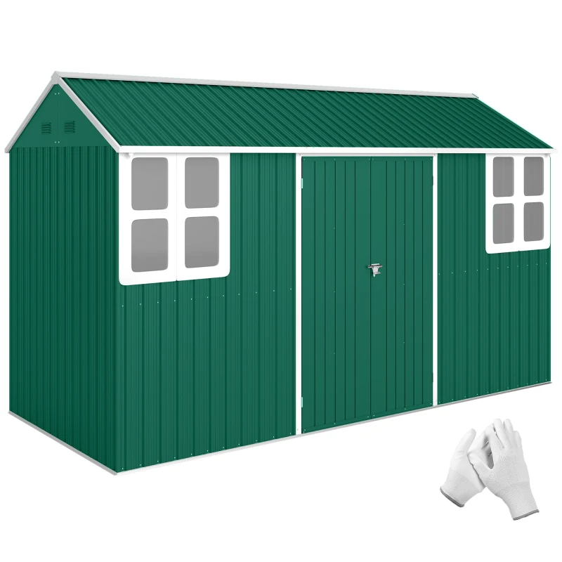 Outsunny 12' x 5.5' Metal Garden Storage Shed, Outdoor Tool Storage House with Lockable Door, Vents, Sloped Roof, Green