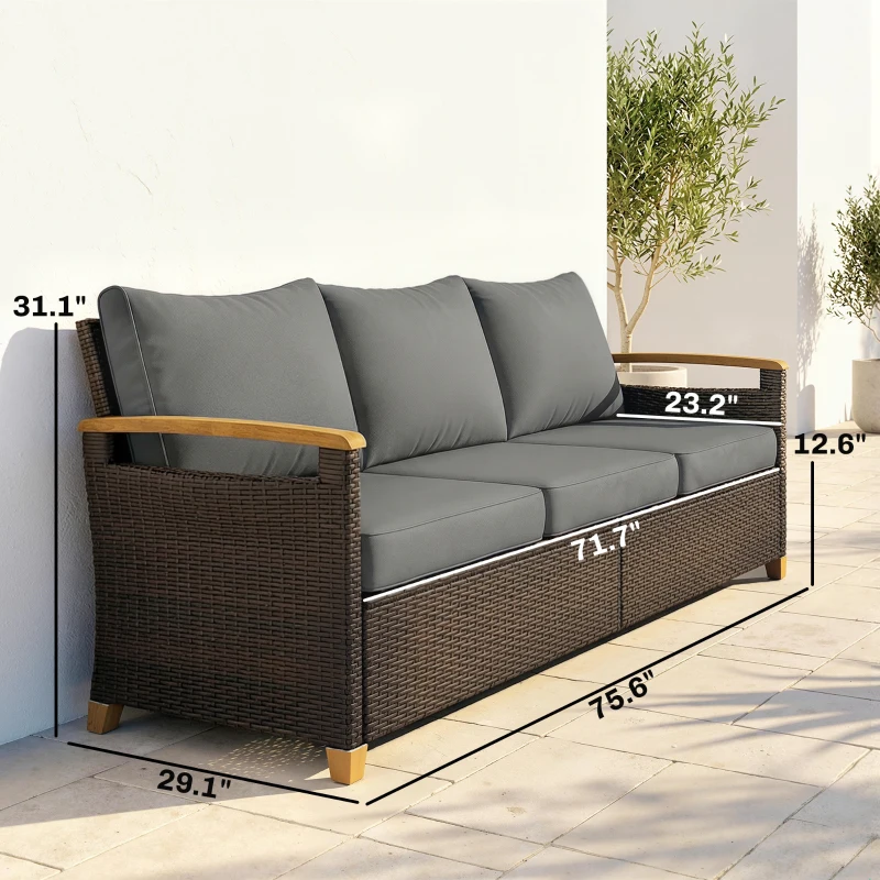 Outsunny 3 Seater Outdoor Couch Sofa, PE Wicker Patio Sofa, Wide Deep Seat, 4" Cushions, Wood-Effect Armrests Legs, Gray