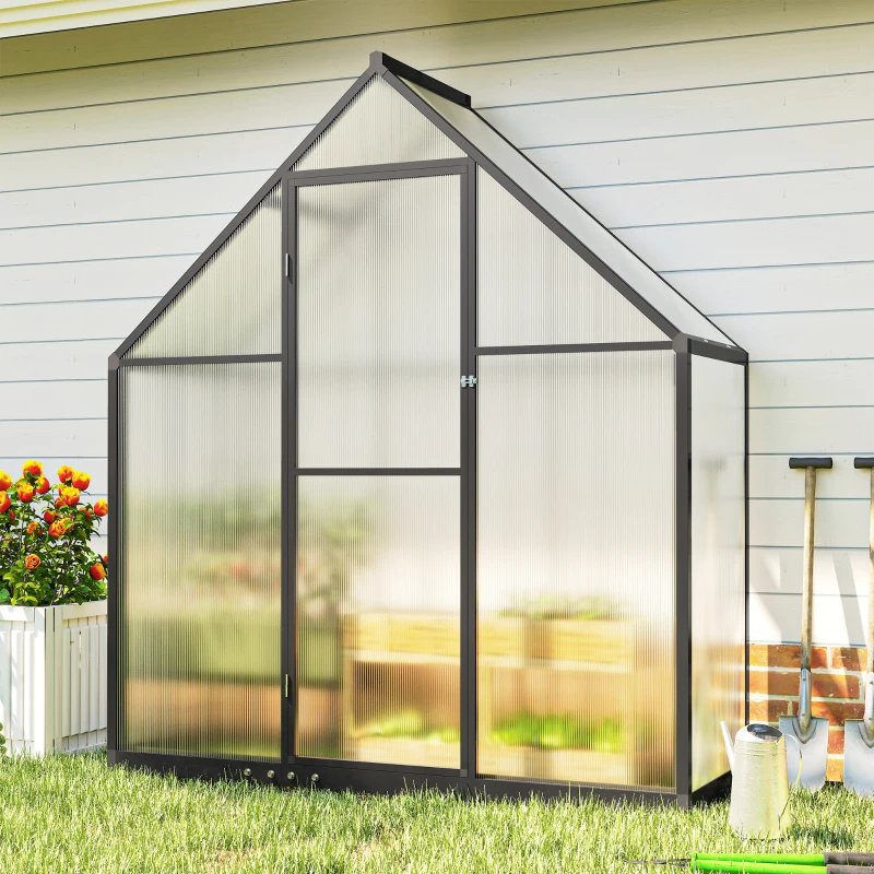 Outsunny Polycarbonate Greenhouse Walk-in Greenhouse with Swing Door and Adjustable Window, 5.5 x 2ft, Black