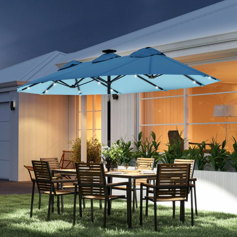 Outsunny Double-sided Patio Umbrella, 9.7' Outdoor Umbrella with Tilt and Crank, LED Solar Light and 12 Ribs, Light Blue