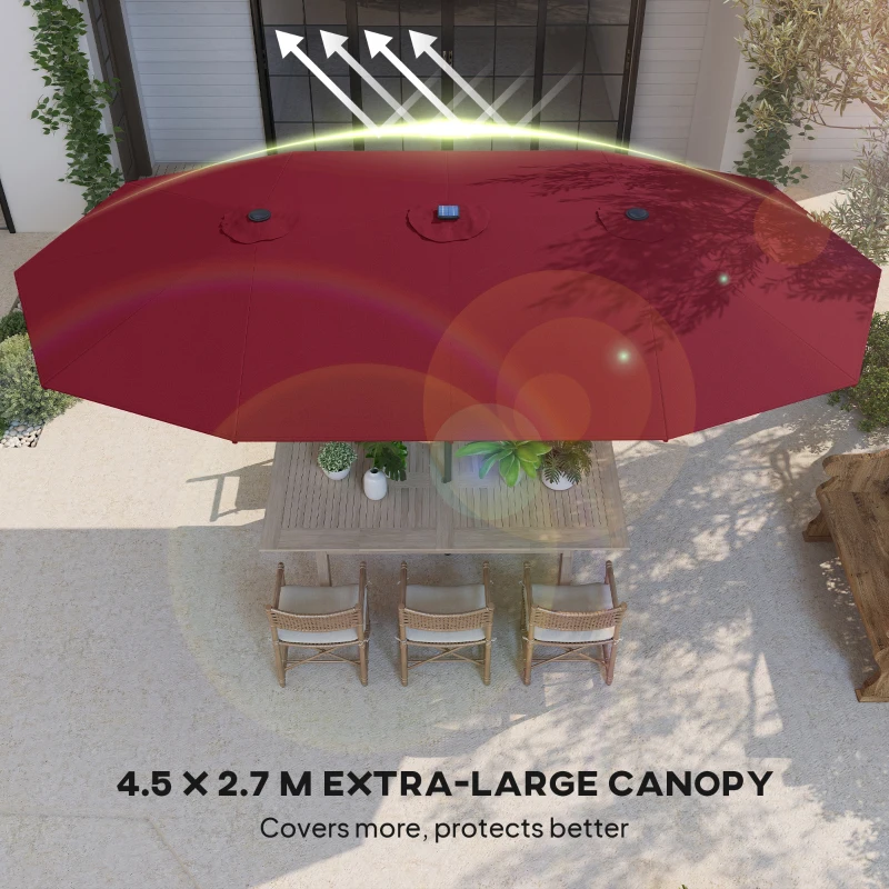 Outsunny Garden Parasol, Double-Sided Sun Umbrella with LED Solar Lights, Patio Parasol for Outdoor, Wine Red