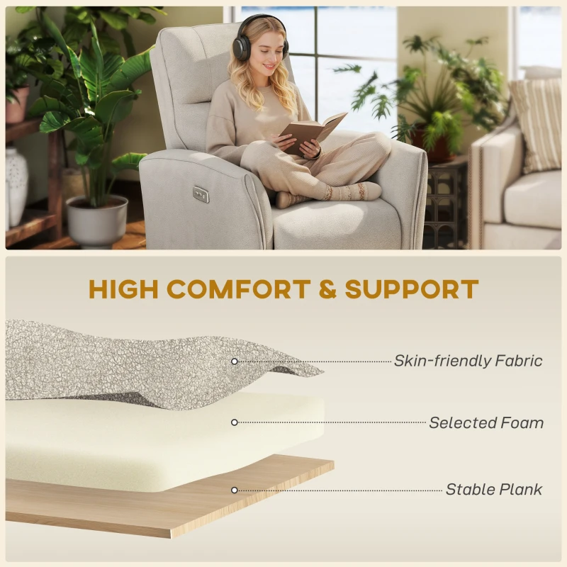 HOMCOM Power Recliner Chair, Fabric Upholstered Recliner Chair with USB Ports, Footrest, Beige