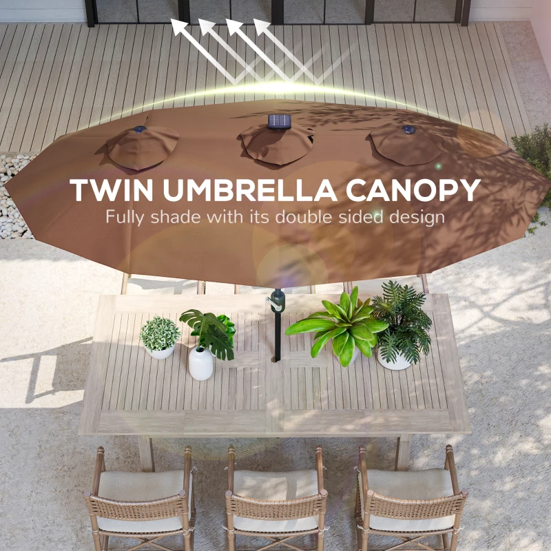 Outsunny Double-sided Patio Umbrella, 9.7 ft. Outdoor Umbrella with 45-Degree Tilt and Crank, LED Solar Light and 12 Ribs, Coffee