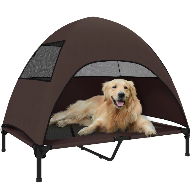 PawHut Elevated Dog Bed with Canopy Raised Dog Bed  Washable Mesh Steel Frame 41.7" x 29.9" x 39" Coffee
