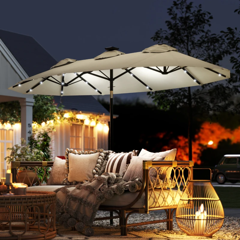Outsunny Double-sided Patio Umbrella, 9.7' Outdoor Umbrella with Tilt and Crank, LED Solar Light and 12 Ribs, Cream White