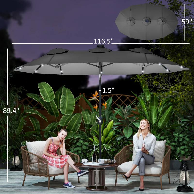 Outsunny Double-sided Patio Umbrella, 9.7' Outdoor Umbrella with Tilt and Crank, LED Solar Light and 12 Ribs, Gray