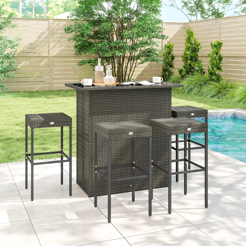 Outsunny 5 Piece Rattan Wicker Bar Set, High Top Outdoor Table and Chairs, Bar Height Patio Set, 2 Shelves & 4 Bar Stools, Gray