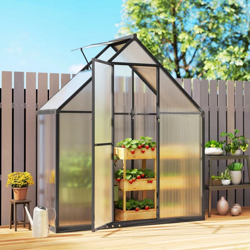 Outsunny Polycarbonate Greenhouse Walk-in Greenhouse with Swing Door and Adjustable Window, 5.5 x 2ft, Black