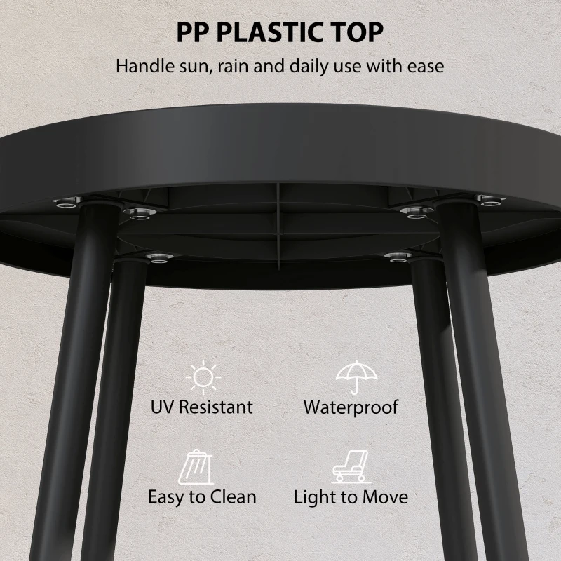Outsunny 19.5" Round Patio Table, Small Outdoor Patio Coffee Side End Table with Plastic Tray-Style Top, Metal Legs, Black
