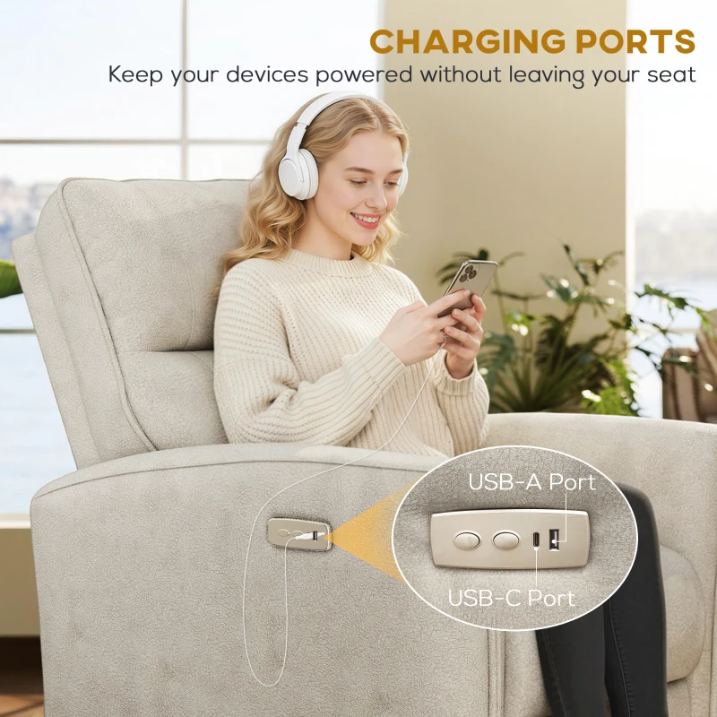 HOMCOM Power Recliner Chair, Fabric Upholstered Recliner Chair with USB Ports, Footrest, Beige