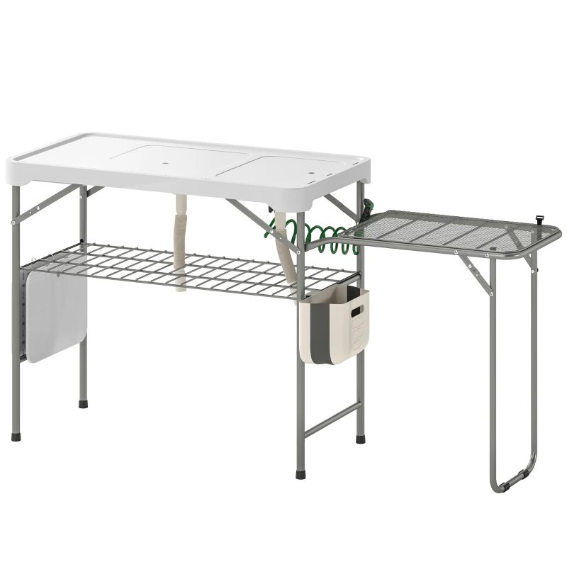 Outsunny Fish Cleaning Table Folding Sink Portable Camping Sink with Side Shelf & Bottom Rack for Outdoor White
