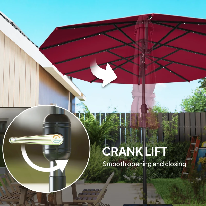 Outsunny Garden Parasol, Double-Sided Sun Umbrella with LED Solar Lights, Patio Parasol for Outdoor, Wine Red