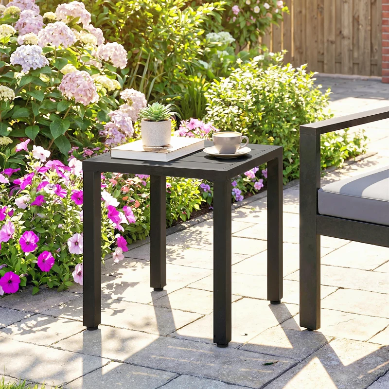Outsunny Metal Outdoor Side Table, 45.5 cm Square Patio Side Table, Small Accent Table for Garden, Poolside, Black
