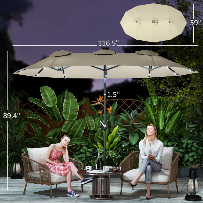 Outsunny Double-sided Patio Umbrella, 9.7' Outdoor Umbrella with Tilt and Crank, LED Solar Light and 12 Ribs, Cream White