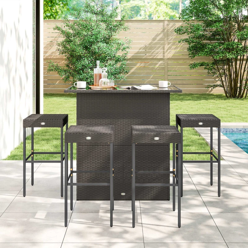 Outsunny 5 Piece Rattan Wicker Bar Set, High Top Outdoor Table and Chairs, Bar Height Patio Set, 2 Shelves & 4 Bar Stools, Brown