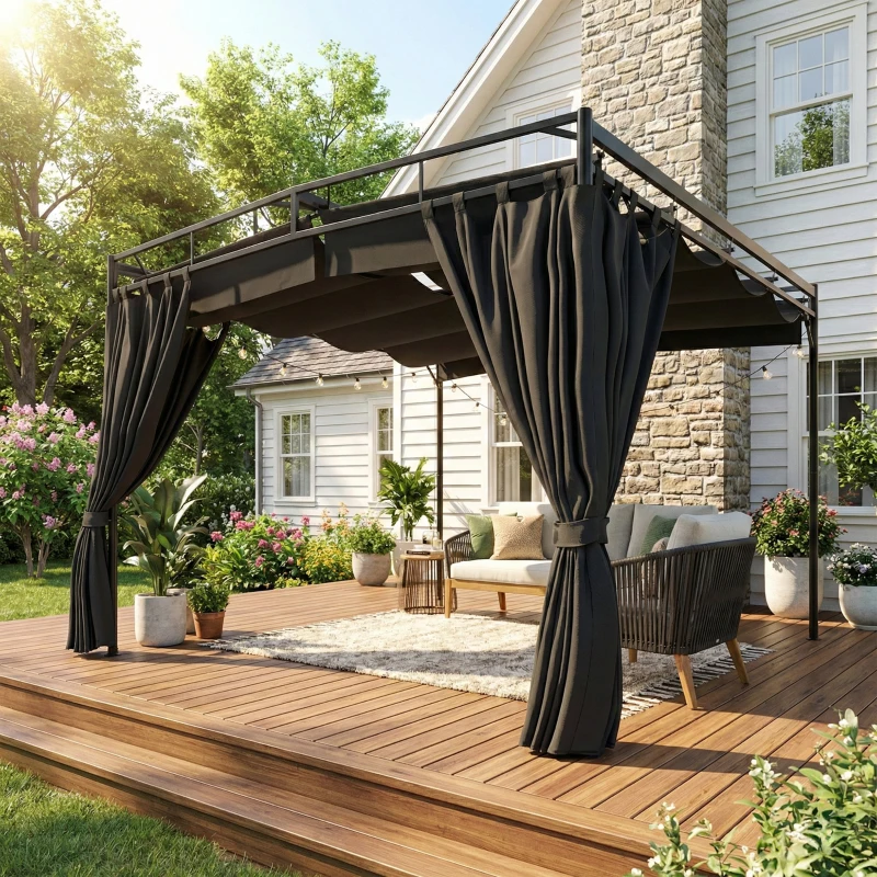 Outsunny 10' x 10' Retractable Pergola Canopy, Outdoor Pergola with Curtains, Metal Garden Gazebo Sun Shade Shelter for Patio