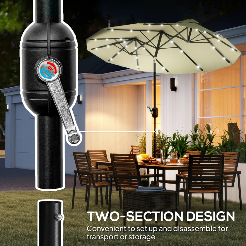 Outsunny Double-sided Patio Umbrella, 9.7' Outdoor Umbrella with Tilt and Crank, LED Solar Light and 12 Ribs, Cream White