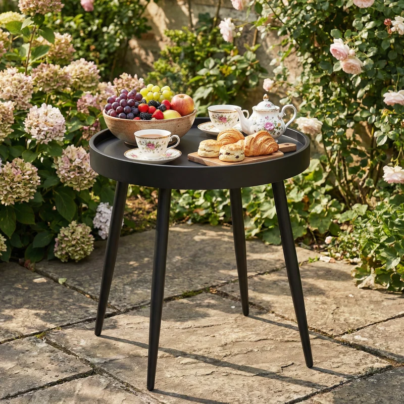 Outsunny 19.5" Round Patio Table, Small Outdoor Patio Coffee Side End Table with Plastic Tray-Style Top, Metal Legs, Black