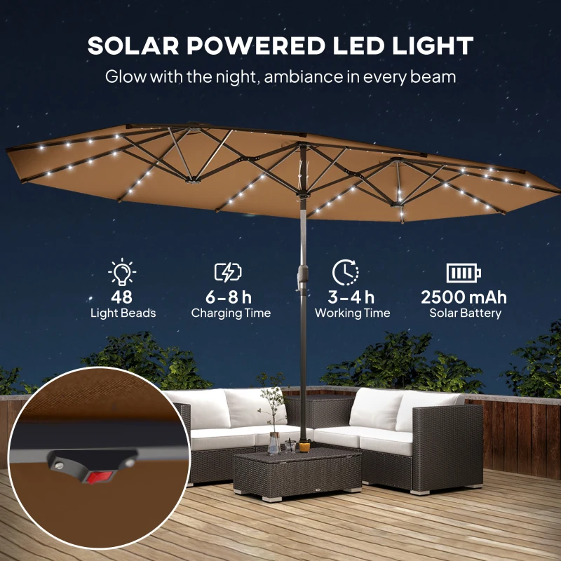 Outsunny Garden Parasol, Double-Sided Sun Umbrella with LED Solar Lights, Patio Parasol for Outdoor, Coffee