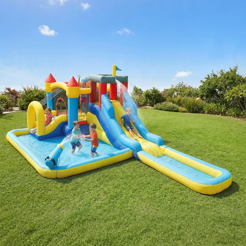 Qaba 6 in 1 Inflatable Water Slide Park with Splash Pools, 2 Slides, Trampoline, Climbing Wall, Cannon, Basketball Hoop