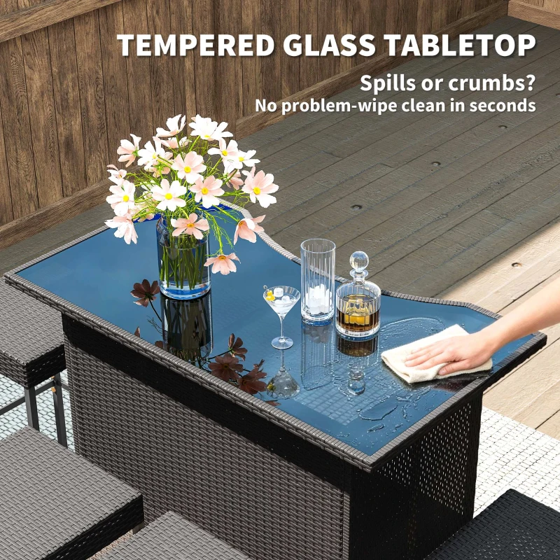 Outsunny 5 Piece Rattan Wicker Bar Set, High Top Outdoor Table and Chairs, Bar Height Patio Set, 2 Shelves & 4 Bar Stools, Brown