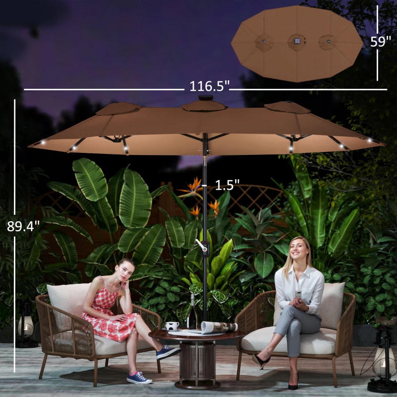 Outsunny Double-sided Patio Umbrella, 9.7 ft. Outdoor Umbrella with 45-Degree Tilt and Crank, LED Solar Light and 12 Ribs, Coffee