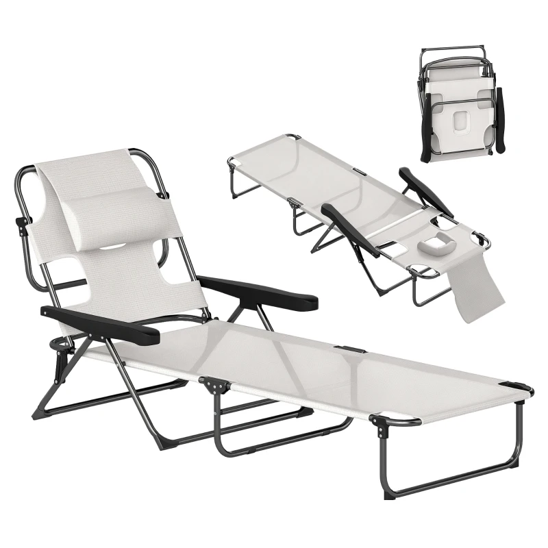 Outsunny Folding Lounge Chair w/ Reclining Back, Cream White