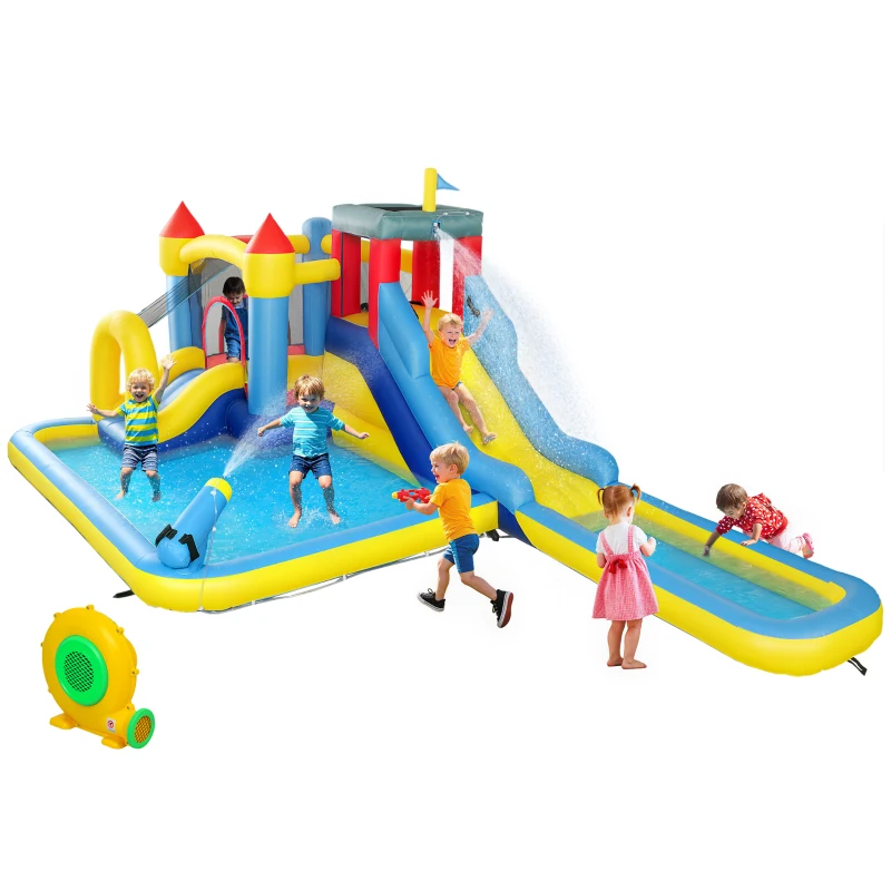 Qaba 6 in 1 Inflatable Water Slide Park with Splash Pools, 2 Slides, Trampoline, Climbing Wall, Cannon, Basketball Hoop