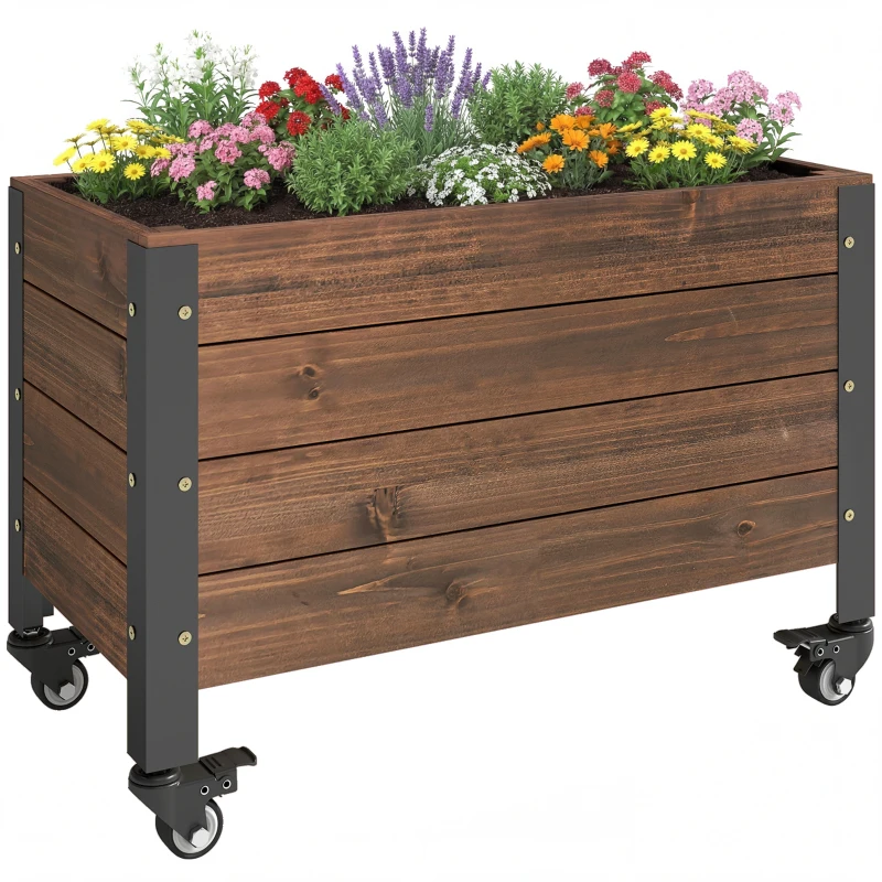 Outsunny Raised Garden Bed with Wheels & Drainage Holes, Outdoor Planter Box with Liner for Patio Balcony