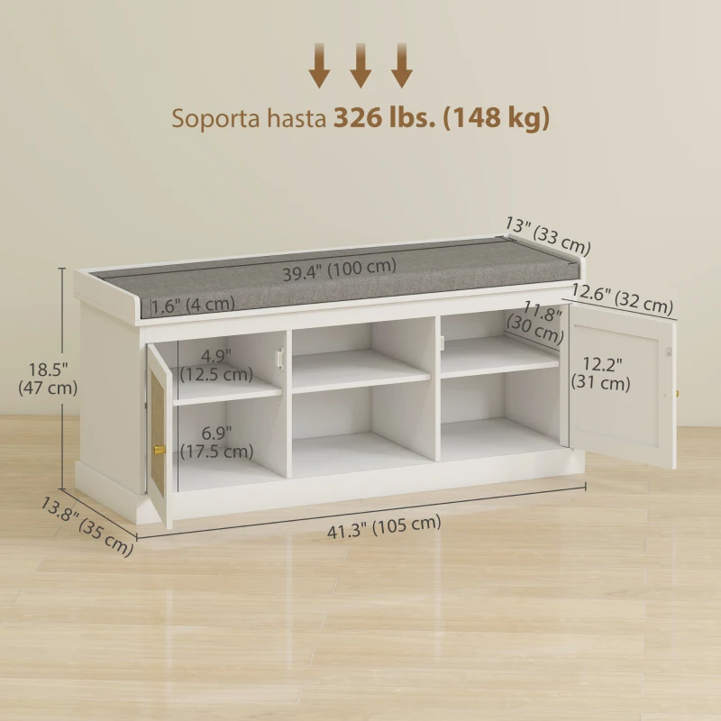 HOMCOM Shoe Bench with Padded Cushion, Boho Entryway Bench with Rattan Doors and Adjustable Shelves, Holds 9 Pairs, White