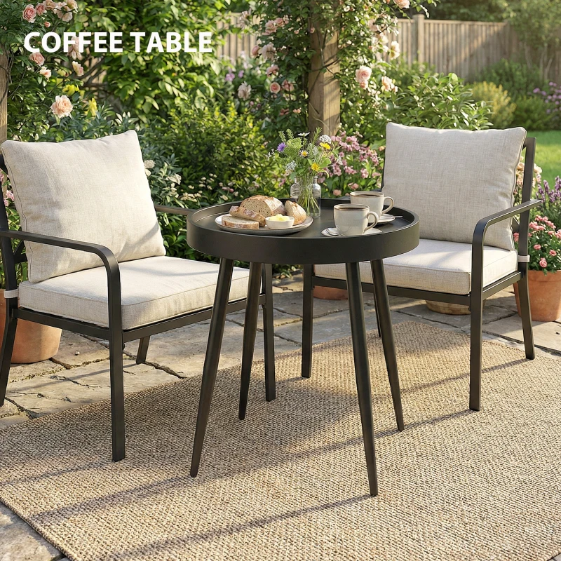 Outsunny 19.5" Round Patio Table, Small Outdoor Patio Coffee Side End Table with Plastic Tray-Style Top, Metal Legs, Black
