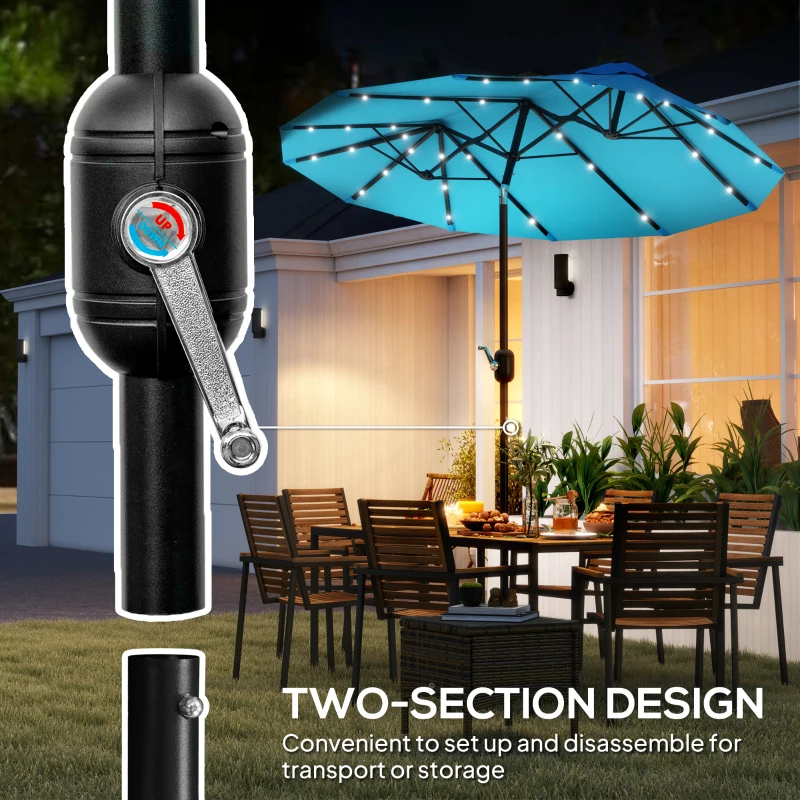 Outsunny Double-sided Patio Umbrella, 9.7' Outdoor Umbrella with Tilt and Crank, LED Solar Light and 12 Ribs, Light Blue