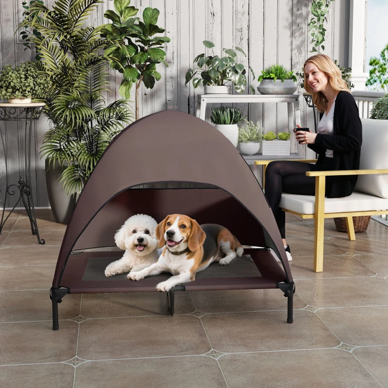 PawHut Elevated Dog Bed with Canopy Raised Dog Bed  Washable Mesh Steel Frame 41.7" x 29.9" x 39" Coffee