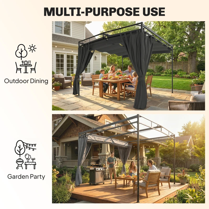 Outsunny 10' x 10' Retractable Pergola Canopy, Outdoor Pergola with Curtains, Metal Garden Gazebo Sun Shade Shelter for Patio