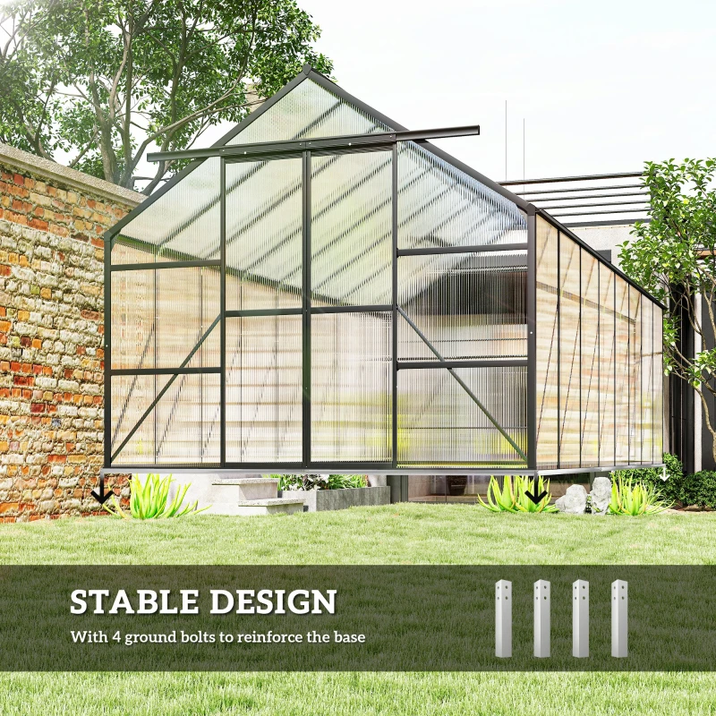 Outsunny Aluminum Greenhouse Polycarbonate Walk-in Garden Greenhouse Kit with Rain Gutter and Sliding Door, 16' x 8', Dark Grey