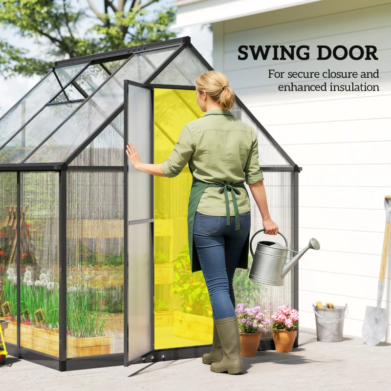 Outsunny Polycarbonate Greenhouse with Swing Door and Adjustable Window, Walk-in Greenhouse with Rain Gutter, 6 x 6.5ft, Black
