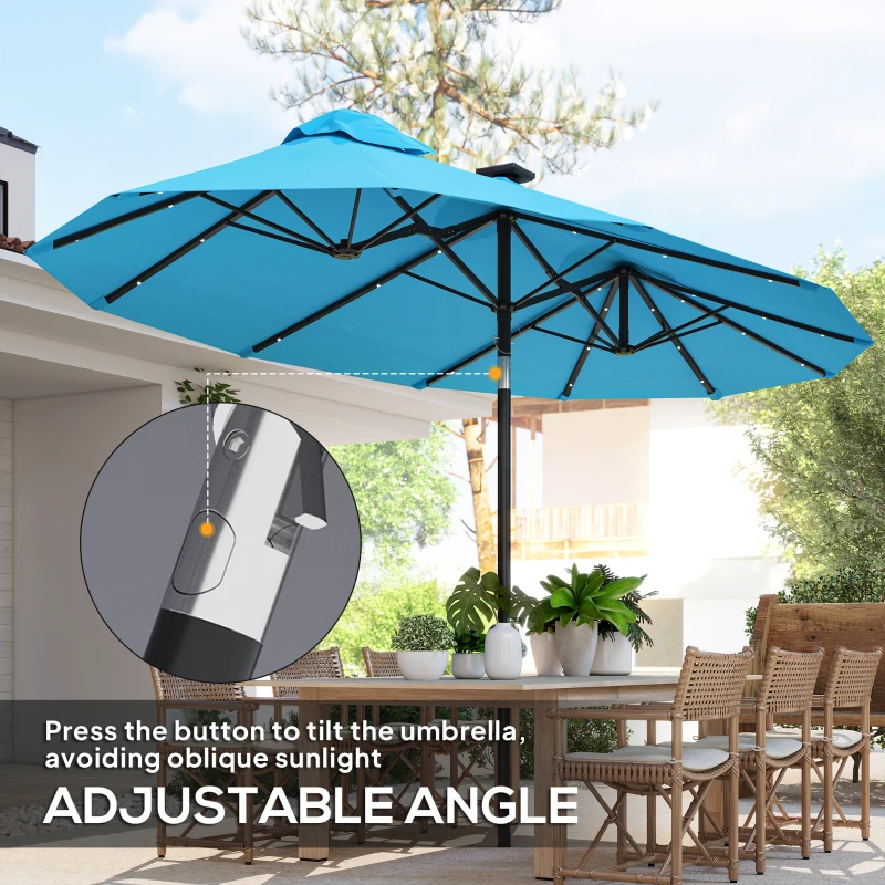 Outsunny Double-sided Patio Umbrella, 9.7' Outdoor Umbrella with Tilt and Crank, LED Solar Light and 12 Ribs, Light Blue