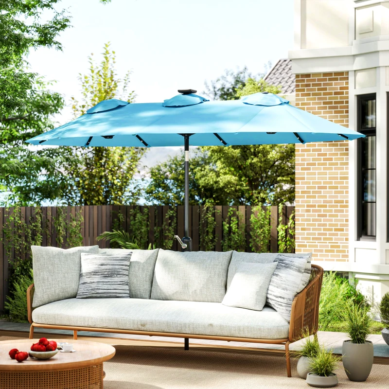 Outsunny Double-sided Patio Umbrella, 9.7' Outdoor Umbrella with Tilt and Crank, LED Solar Light and 12 Ribs, Light Blue