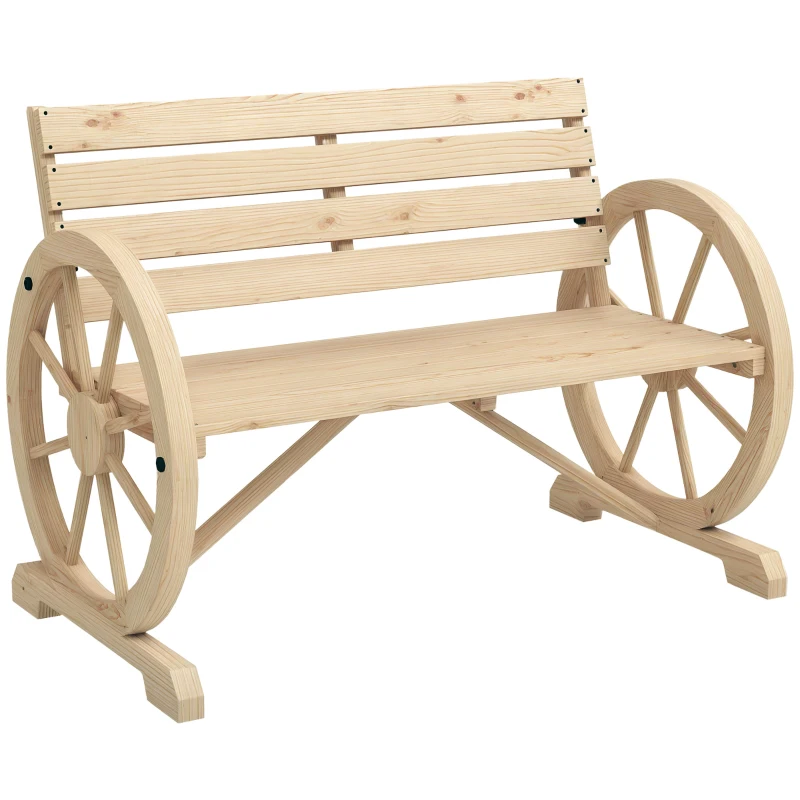 Outsunny 42" Wood Wagon Wheel Bench Garden Loveseat Rustic Seat, Natural Wood