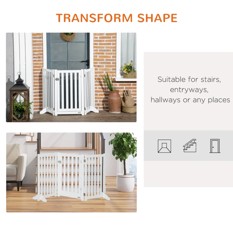 PawHut 31.5"H Foldable Dog Gate with Door, 3 Panels Freestanding Pet Gate Barriers Indoor with Support Feet, Puppy Fence for Small Medium Dogs, White