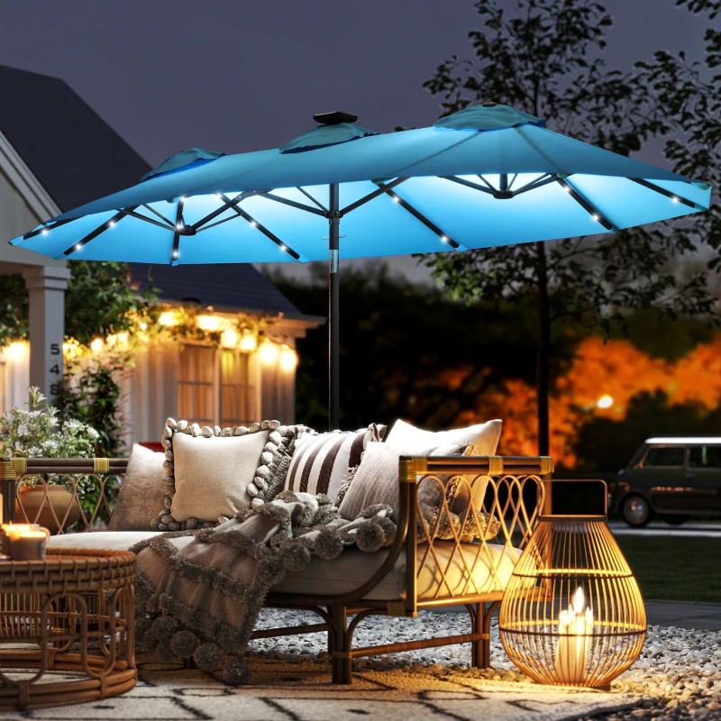 Outsunny Double-sided Patio Umbrella, 9.7' Outdoor Umbrella with Tilt and Crank, LED Solar Light and 12 Ribs, Light Blue