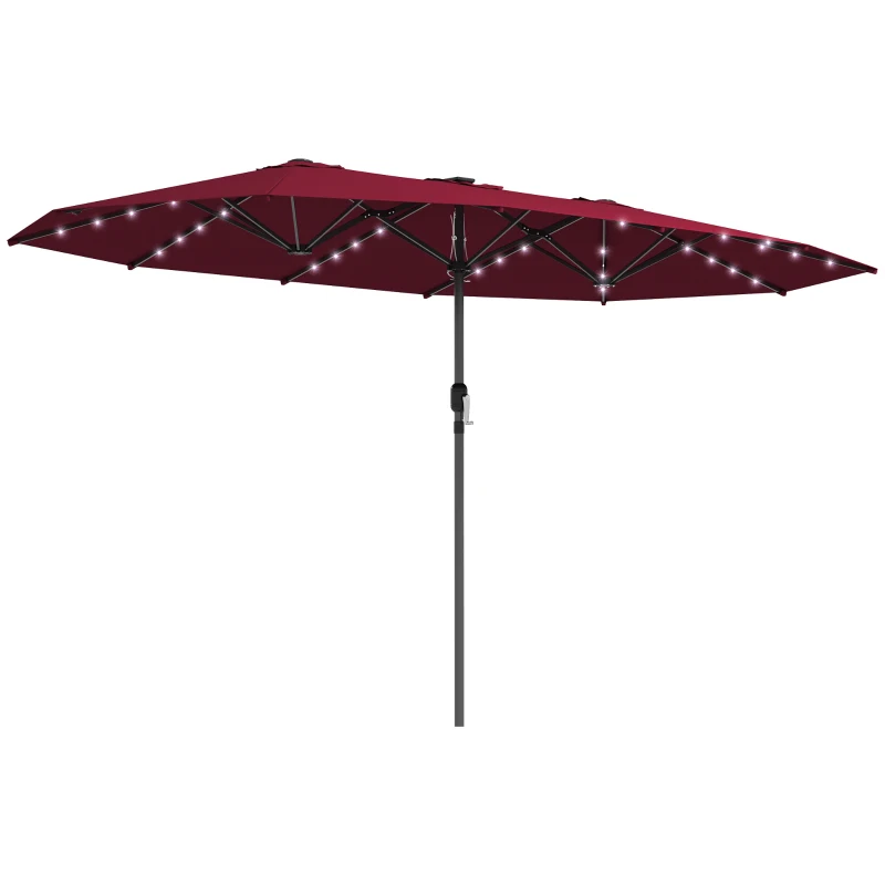Outsunny Garden Parasol, Double-Sided Sun Umbrella with LED Solar Lights, Patio Parasol for Outdoor, Wine Red